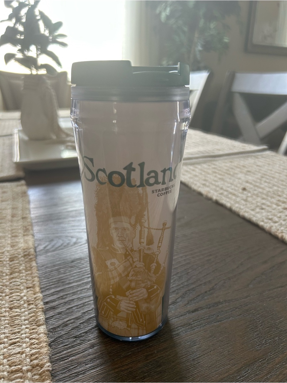 Starbucks Green-Top Scotland Travel Tumbler with Gold Design